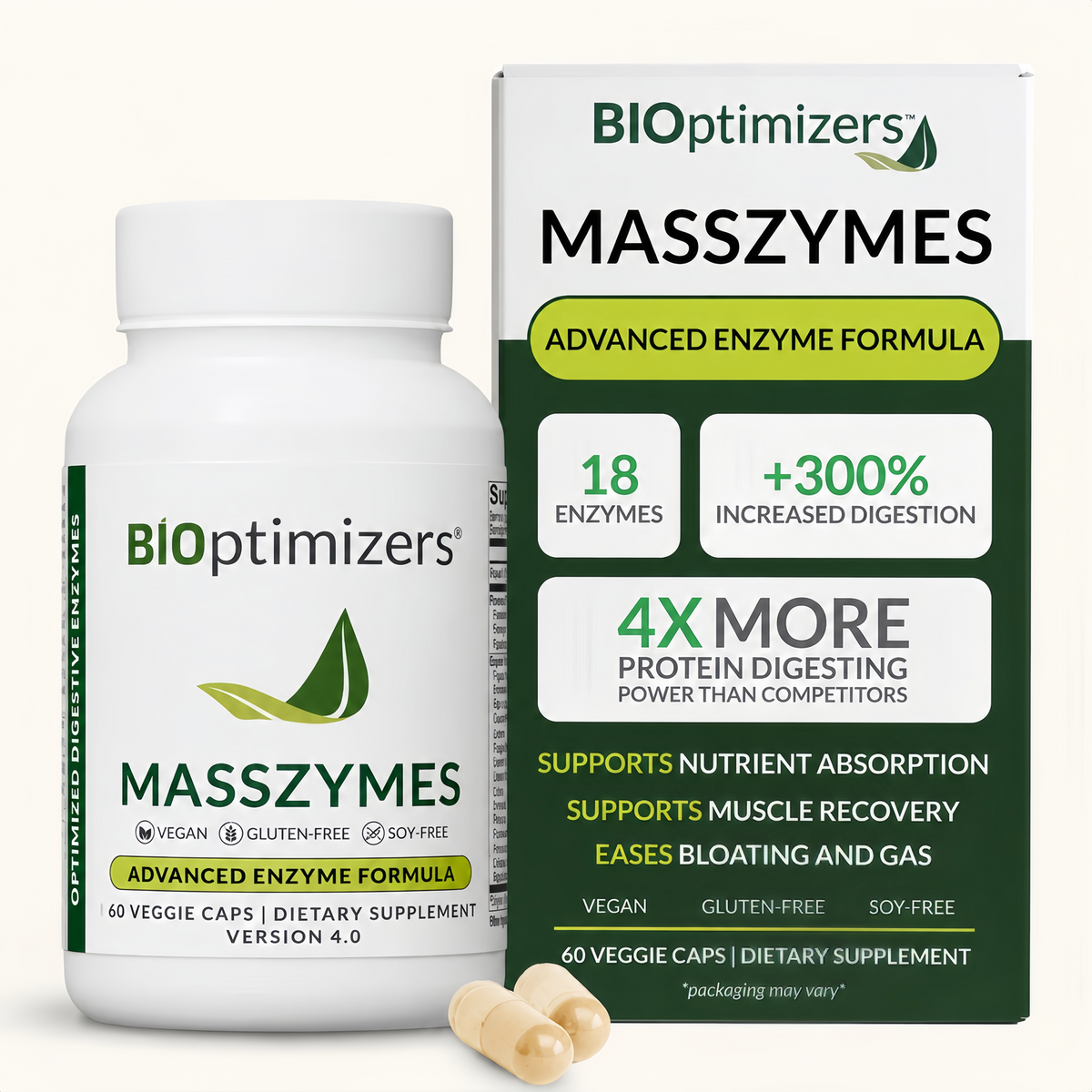 BIOptimizers MassZymes - Complete Digestive Enzymes Supplement for Gut Health - Bloating Relief for Men and Women - Lipase Amylase Bromelain Digestive Enzymes (60 Capsules)